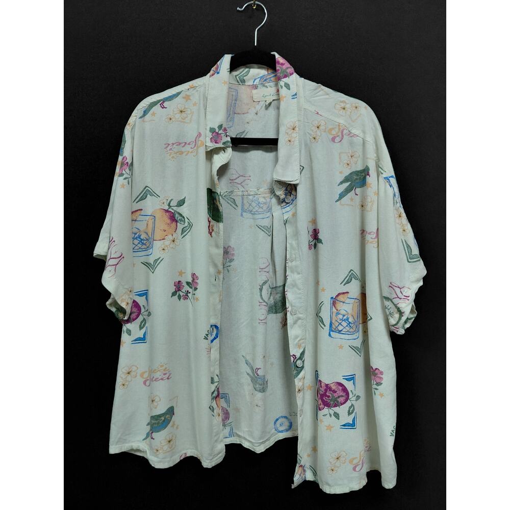 April Kiss Floral Rayon Linen Blend Shirt Woven Short Sleeve Women Size XL